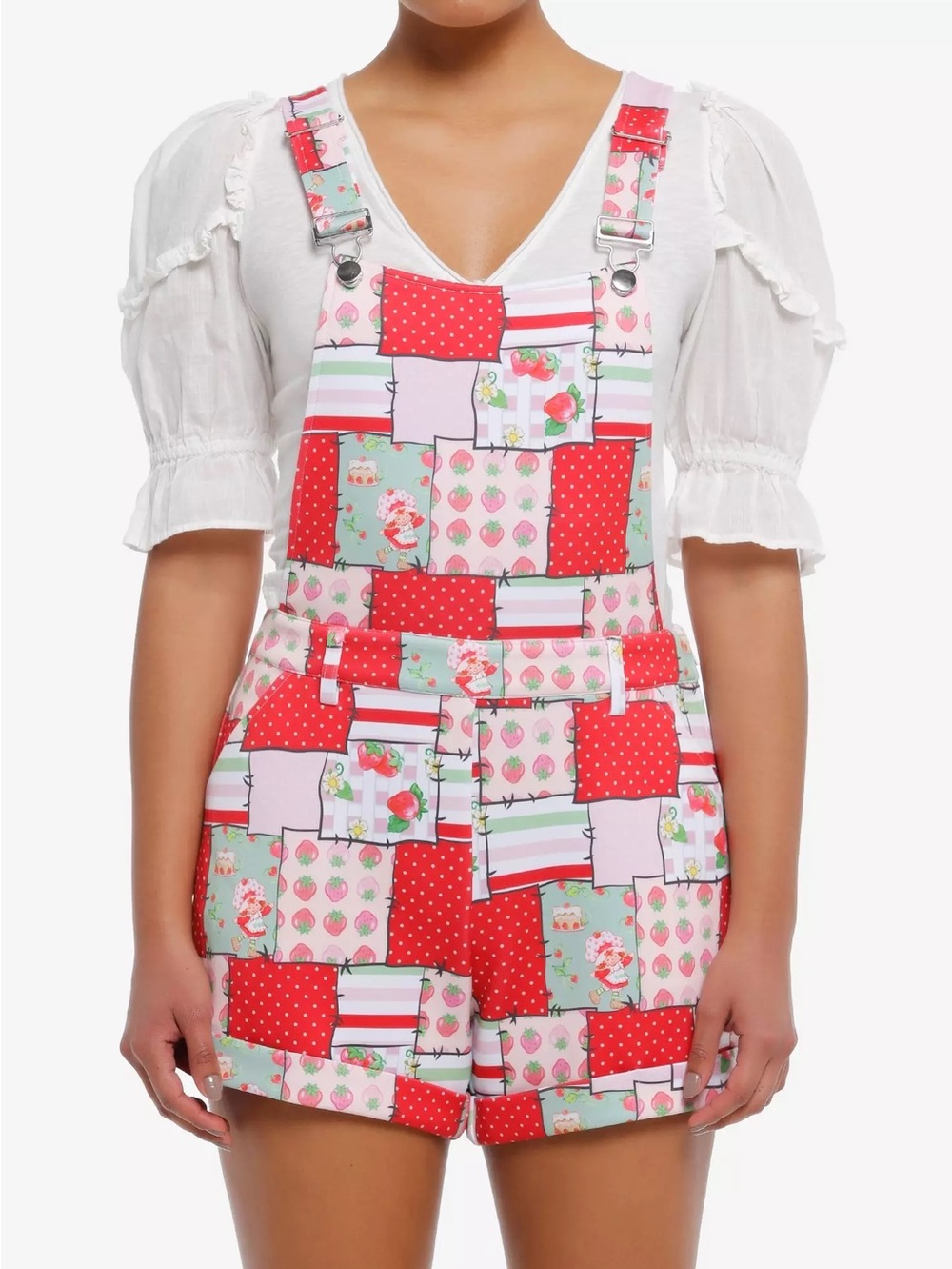 Hot Topic NWT Juniors size Medium Strawberry Shortcake Patchwork Shortalls